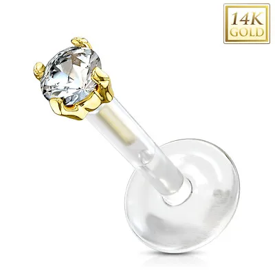 CZ 14K Yellow Gold Top With PTFE Flexible Bar Lip Piercing Labret Monroe Stud • $24.95