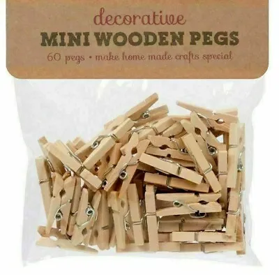 £2.99 • Buy 60 Mini Wooden Pegs 25mm Craft Wedding Hanging Photo Pegs Small Tiny Spring Clip