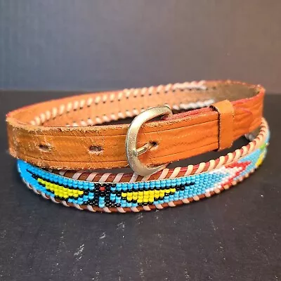 Vintage Beaded Leather Native American Western Belt 32 Thunderbird Indian • $15