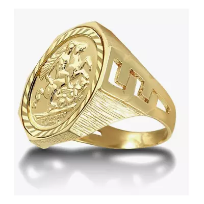 9ct Gold Curb Links Octagon St George & Dragon Medallion Ring (Full Sov Size) • £615