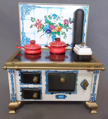 Vintage Tin Toy Range Cook Stove Doll House West Germany Rose Flowers Blue White • $19.99