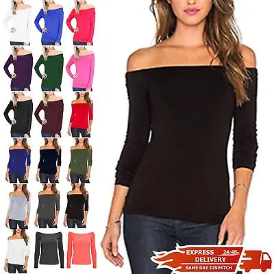 Ladies Womens Off The Shoulder Long Sleeve Bardot T Shirt Slash Neck Jersey Top • £8.49