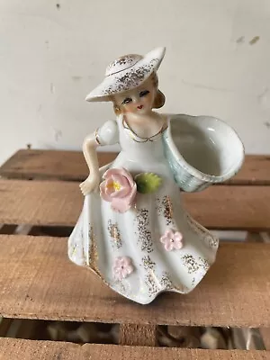 Vintage Lady Vase Planter W/Flowers Big Eyelashes Basket Hat & Gown • $15