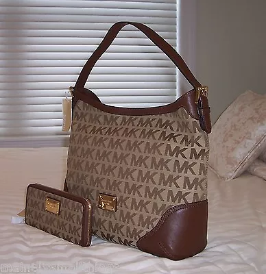 NWT Michael Kors Millbrook Large Shoulder Bag & ZA Cont Wallet MK Sig Jacquard • $386