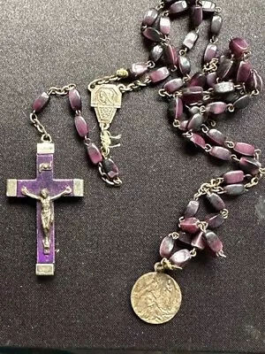 Superb Antique French Rosary With Purple Oblong Stones From LOURDES 24  +5  • £188.56