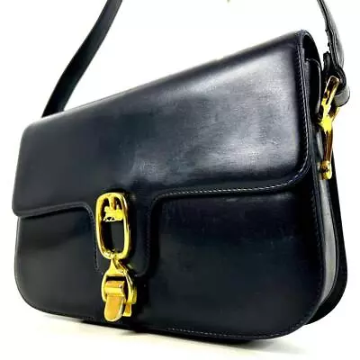 Celine Vintage Shoulder Bag Carriage Metal Horsebit Leather Navy Excellent+ • $338.62