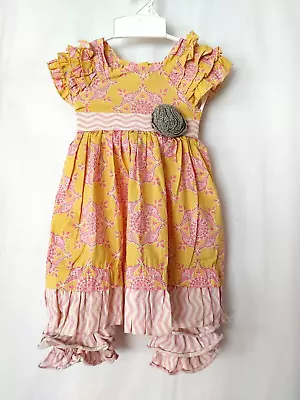Mustard Pie Dress & Leggings Square Neck Short Ruffle Slvs Yellow Pink 2T #13699 • $24.90