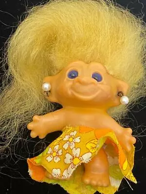 Vintage Troll Doll Yellow Hair Blue Eyes Dress Earrings • $9.99