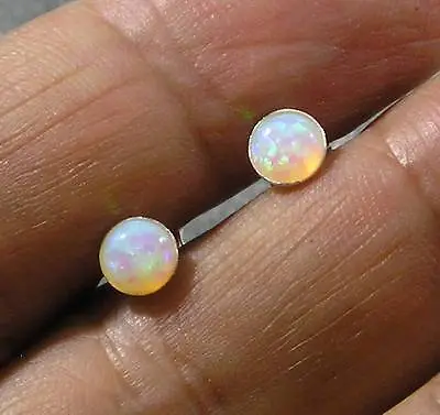 USA Made White Fire Opal 5mm Round Cab .925 Sterling Silver Earrings Post Stud • $20