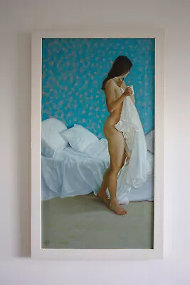 Original Framed Oil Painting Female Nude Girl Woman Morning Coffee Artwork Art • £750