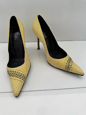 VERSACE Vintage Yellow Python Pump Heels Chain Detail 37/6.5 • $30