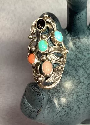 Nakai Navajo Sterling Ring With Turquoise Onyx Coral & Quartz Size 8 • $25