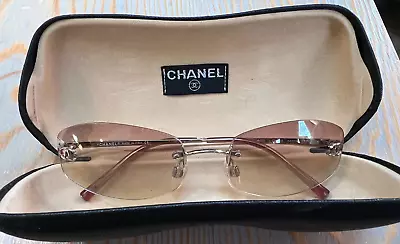 Chanel Sunglases Pink Rimless Logo Rectangle 4002 W/black Hard Case EUC • $449.99