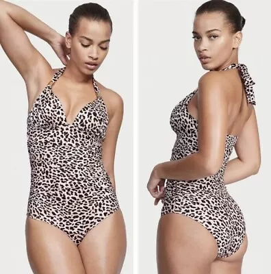 Victoria's Secret Swim Ruched Halter One Piece Swimsuit Leopard Print Size Large • $16.80