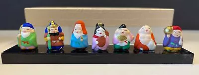 VTG Seven 7 Lucky Gods Of Happiness & Fortune Mini Clay Figurines Wood Base Box • $40.50