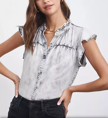 Rails Ruthie Charcoal Cloud Wash Acid Wash Ruffle Sleeve Large Blouse Top Button • $34.99