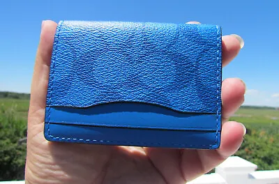 NEW COACH Card Case Signature Magnetic Canvas Leather $128 Bright Blue 91660 Hot • $89.95