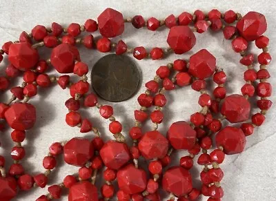 Vintage 1930's Art Glass Bead Red Orange Faceted Knotted Necklace 50” • $20