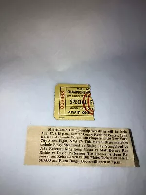 Original 1980's NWA Mid-Atlantic Wrestling Ticket Stub W/ Newspaper Clipping WWE • $29.99