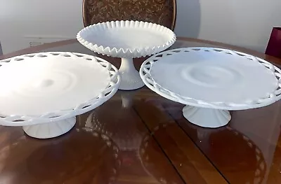 2 1950s Milk Glass Cake Stands & 1 Milk Glass Hobnail Footed & Ruffled Edge Mint • $95