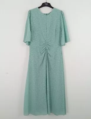 M&S Dress Teal Textured Ruched Frill Short Sleeve Round Neck Lined Maxi NWOT F2 • £7.99