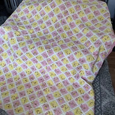 Vintage Handmade Quilt 68x88 Pink Yellow Roses • $29.99