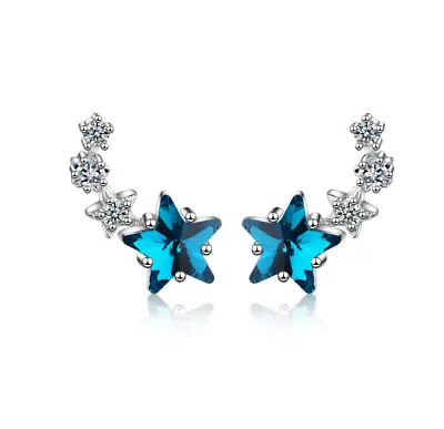 Women 925 Sterling Silver Star Ear Crawler Blue CZ Stud Earrings Gift Box I94 • $10.95