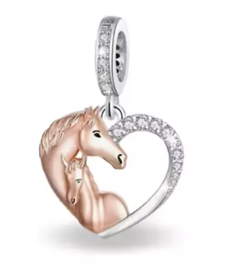 Genuine Sterling Silver 925 Mum Daughter Horse Pony Love You Heart Dangle Charm • £19.95