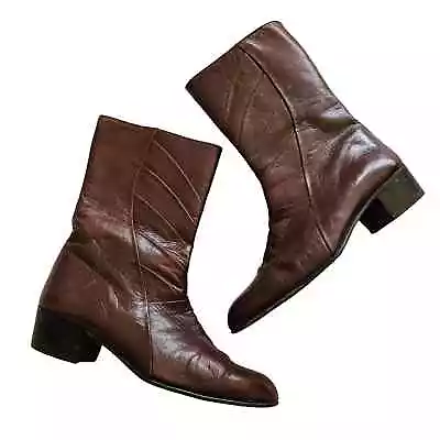 Vintage Brown Leather 80s Boots Western Style Pointed Toe Cowboy Fashion 8.5 • $69