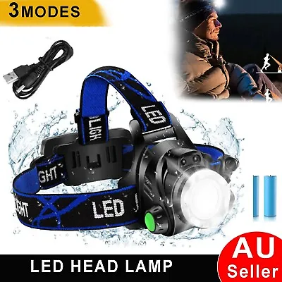 Most Powerful LED Rechargeable Headlight Zoomable Headlamp Head Torch Flashlight • $27.49