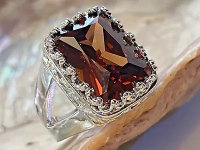 Garnet Ring Size 9 Silver Tone Red/Brown Rectangular Garnet Filigree Setting • $74.92