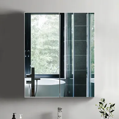 White Bathroom Cabinet Mirrored Surface 2 Doors 3 Shelves Wall Mounted Storage • £49.99