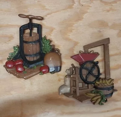 Vintage 1978 Homco Set Of 2 Metal Wall Plaques Apple Cider Press & Corn Sheller • $8.99