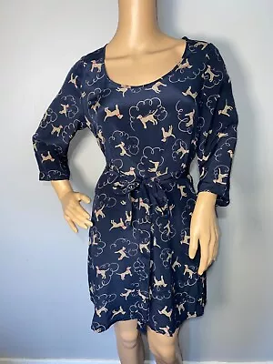 Cath Kidston 100% Silk Navy Blue Dalmation Dog Print Dress Size 8 Waist Tie • £4.99