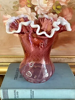 Fenton Cranberry Glass Snow Crest Spiral Optic Ruffled Vase 6.75” • $58
