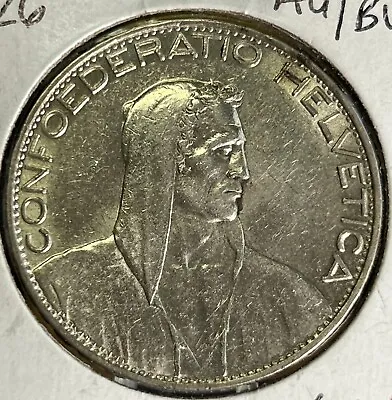 Switzerland 1926 B Five (5) Francs KEY DATE NICE AU/BU #W65 • $149.99