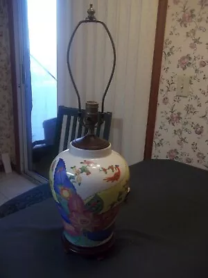 Vintage Chinese Tobacco Leaf Porcelain Table Lamp Wood Base 25  Tall • $149