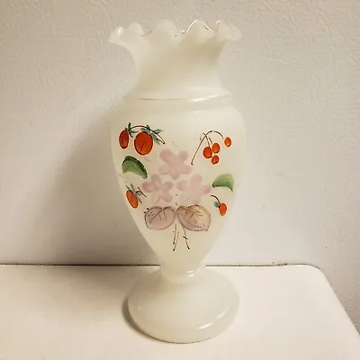 Antique Victorian White Bristol Hand Blown Milk Glass Ruffle Vase Handpainted 6  • $19.99