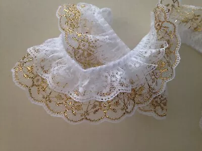 White And Gold Double Ruffled Candlewick Lace Trim 2 Tier Lace 2 YARDS • $6.95