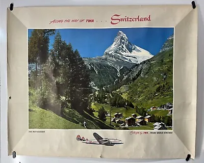 Original Vintage Travel Poster TWA Airlines Switzerland Matterhorn Ski Alps 50’s • $250