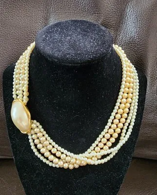 Vintage Trifari 5 Strand Pearl Necklace Choker With Large Gold Accent Closure • $45