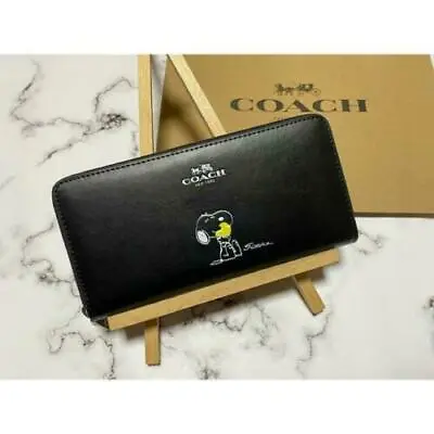 Coach Snoopy Peanuts Black Leather Accordion Zip Wallet F53773 Limited Gift JP • $203.45