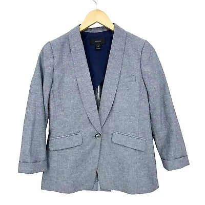 J. CREW Blazer Jacket Womens 4P Unstructured Shawl Collar Linen Cotton Blue S174 • $44.95