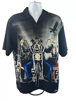 VTG Dragonfly Dog Series Shirt Mens Large Black Dog On A Motorcycle Button Up • $24.88