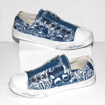 Kids' ED HARDY Skulls 10SLR603W Blue/White Canvas No Lace Low Sneakers Size 5 • $29.95