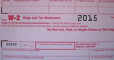 2015: 5 SHEETS W-2 IRS Wage/Tax Statement & 3= W-3 Transmittal Forms • $13