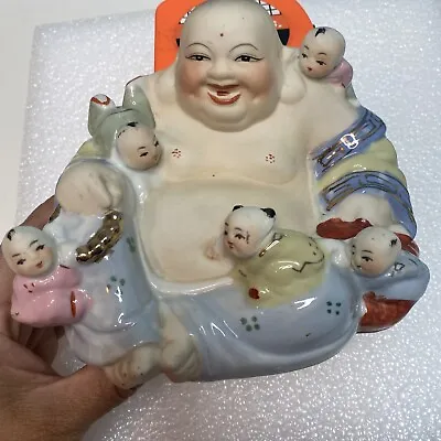 Vintage Chinese Porcelain Laughing Buddha With Five Children Statue Hand Painted • £23.75