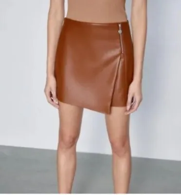 Zara Faux Leather Tan Brown Mini Skort/Shorts Pleather Womens Size XS Mint New • $12.33