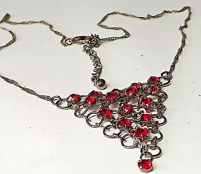 (W1)**£3-SALE**gunmetal Tone Twisty Chain Ruby Red Glass Stones V-shape Necklace • £3