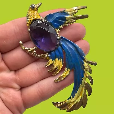 Massive Vintage 1940’s Exotic Enamel Bird Jelly Belly Rhinestone Brooch Pin • $80